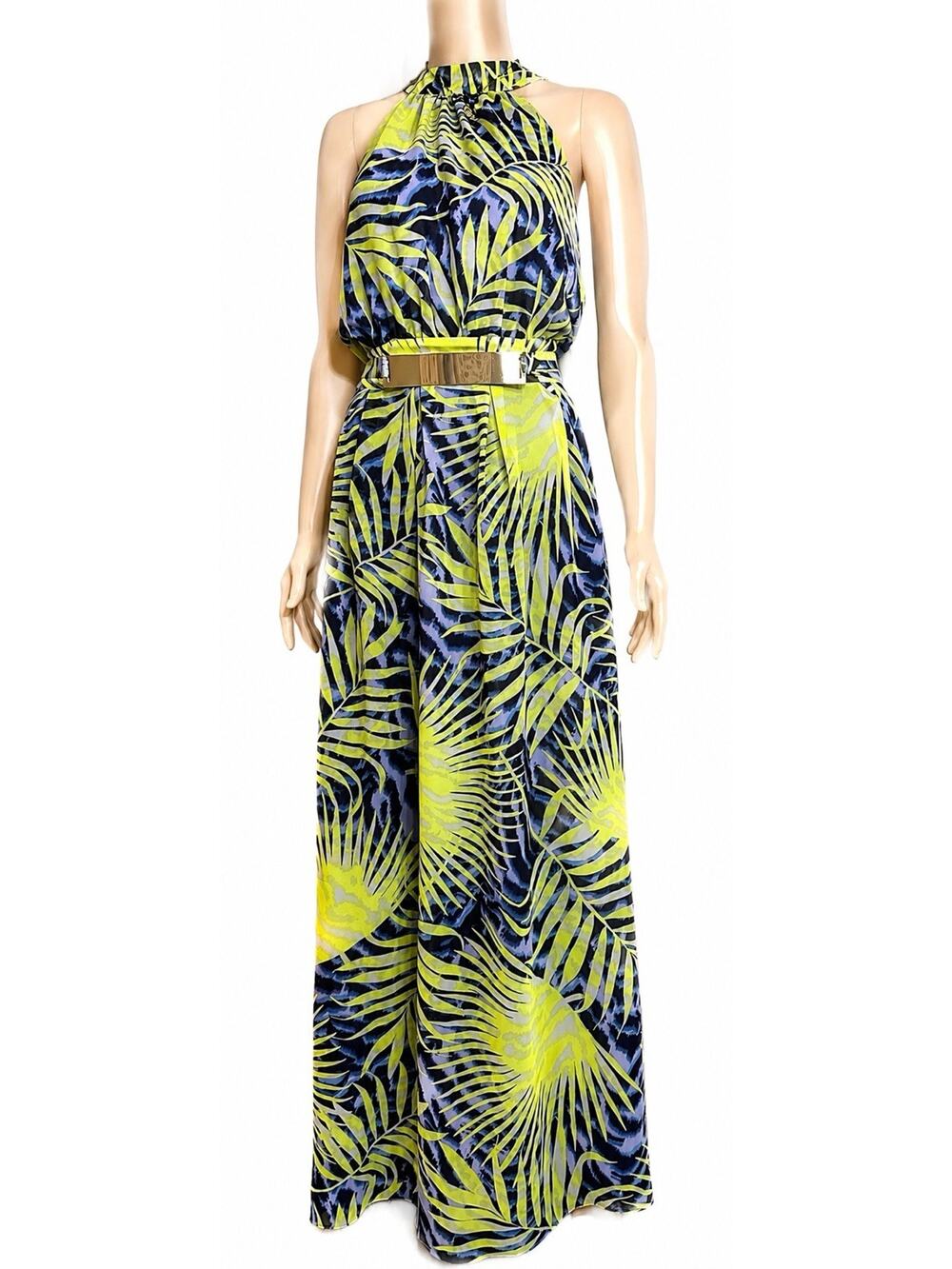 GUESS by Marciano Womens L Tropical Halter Maxi Dress Gold Belt Blue Yellow - Picture 1 of 13